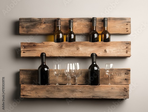 Rustic wooden wine rack holding various bottles and glasses in a cozy setting