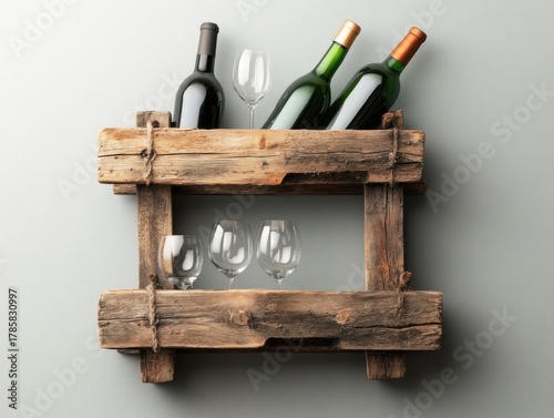 Rustic wooden wine rack holding bottles and glasses against a simple gray background