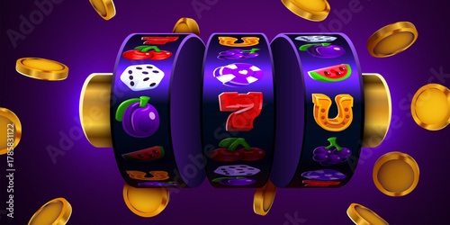 Shining slot machine with classic gambling symbols and flying golden coins.