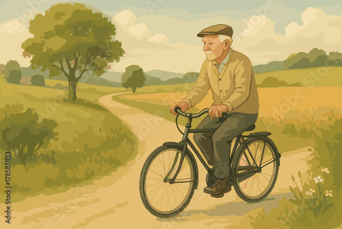 Elderly caucasian male cycling on a rural path, wearing a brown cap and beige jacket, surrounded by lush green landscape and clear skies.