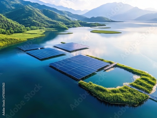 Innovative solar panels floating on water in a serene natural landscape at sunset