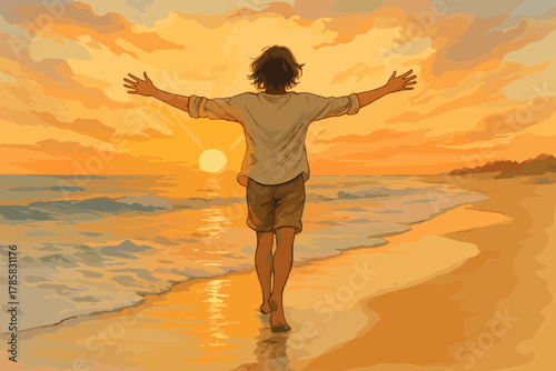 A young male with outstretched arms walks along a tranquil beach at sunset, embracing the serene ocean view.