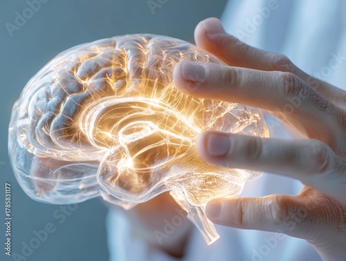 Hands examine glowing transparent brain model in scientific study demonstration at a research facility