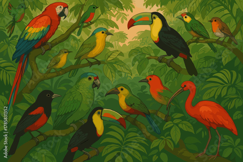Various species of colorful tropical birds, including parrots and toucans, perched on lush green jungle branches.