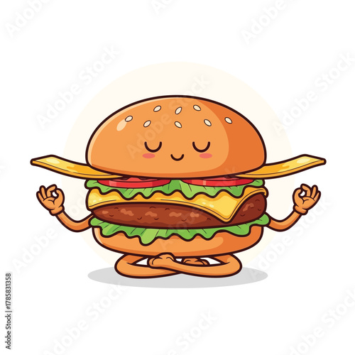 A burger cartoon character meditating in lotus position, a peaceful and healthy way to enjoy your favorite food