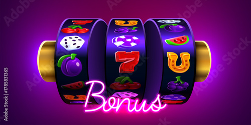 Neon Bonus slot machine game with various winning symbols on a vibrant purple background.
