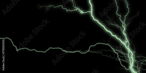 Massive lightning bolt with branches isolated on black background. Glowing wavy lines template Color lightning concept in the dark energy magic abstract background