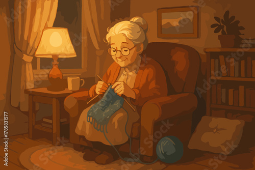 Elderly caucasian female sitting in a cozy room, engaged in knitting, surrounded by warm lighting and homey furnishings, embodying a sense of relaxation and contentment.