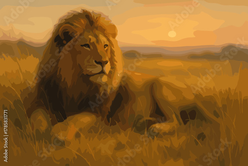 Majestic lion resting in a grassland during sunset, with a warm glow highlighting its mane and serene expression.