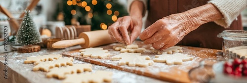 Hands skillfully arrange festive Christmas cookies on a wooden surface while preparing for holiday baking in a warm kitchen