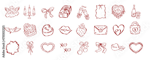 Whimsical vector Set of doodle Valentines day elements. Romantic cupid, heart, bow, sweet for wedding invitation, birthday card, packaging, postcard, sticker, scrapbooking, textile print