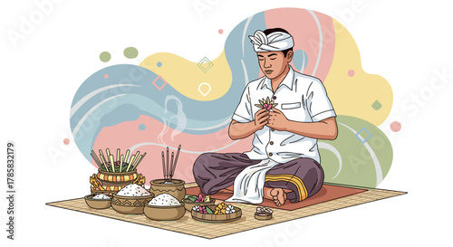 A Balinese man in traditional attire performs a religious offering ritual, surrounded by offerings and incense, in a colorful illustration.