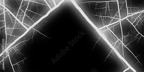 Dark background of empty street, room. Background of paving street tiles and brick wall. Black cracked glass texture background. Crack on the glass. Elegant photo of white scratches on a black bg. 