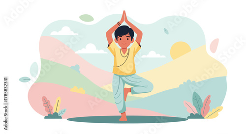 A young boy practices yoga outdoors, balancing on one leg with hands raised, promoting mindfulness and well-being in a serene setting.