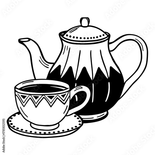 Hand drawn tea pot and cup sketch illustration isolated on white background