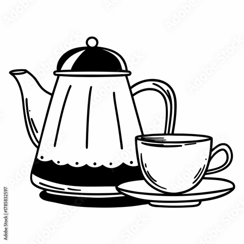 Hand drawn tea pot and cup sketch illustration isolated on white background