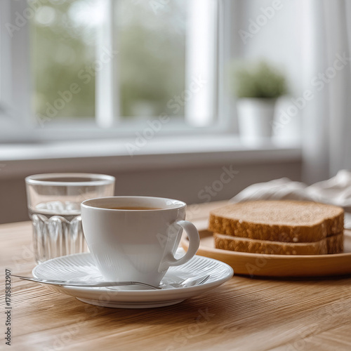 Wallpaper Mural Cozy breakfast scene with white coffee cup, glass of water, and whole wheat toast on wooden table near bright window Torontodigital.ca