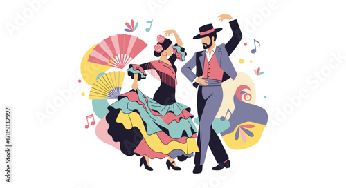 A vibrant illustration captures the passionate energy of a flamenco dance, showcasing the grace and rhythm of Spanish culture with colorful flair.