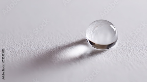 Minimalist white-on-white image featuring a single water droplet on a smooth floor