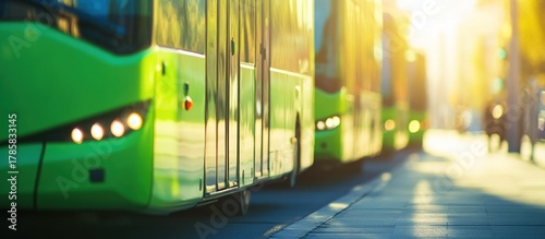 Green Energy Buses Aligned in Cityscape for Eco-Friendly Transport