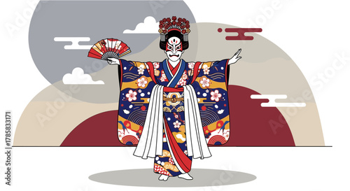 A vibrant illustration captures a traditional Japanese Kabuki dancer in elaborate costume, gracefully performing with a fan against a stylized backdrop.