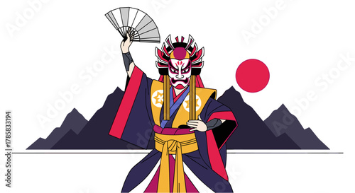 A vibrant illustration captures a Kabuki actor in traditional attire, holding a fan, with a rising sun and mountain backdrop, symbolizing Japanese culture.