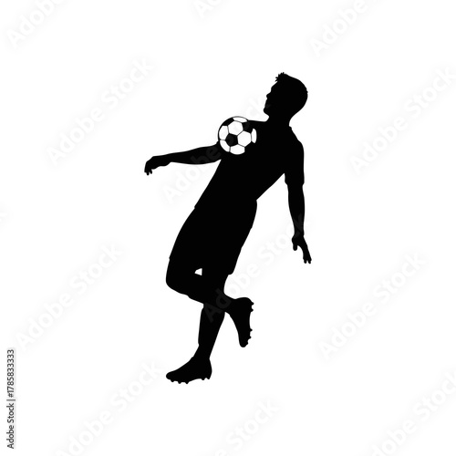 silhouette of an soccer player controlling the ball with his chest isolated on a white background