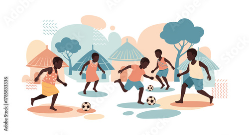 A vibrant illustration captures African children joyfully playing soccer in a village setting, embodying the spirit of community and childhood fun.