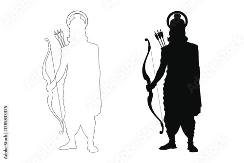 Lord Rama Black Silhouette Vector clip Art ram navami  hindu, god, bow, arrow, outline, indian, festival, religion, illustration 
