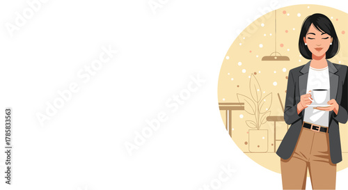 An elegant illustration depicts a woman in a cafe, holding a coffee cup, embodying relaxation and a moment of peace in a cozy setting.
