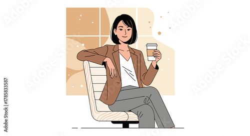 A stylish woman with dark hair sits in a chair, holding a coffee cup, exuding a sense of calm and sophistication in a modern setting.