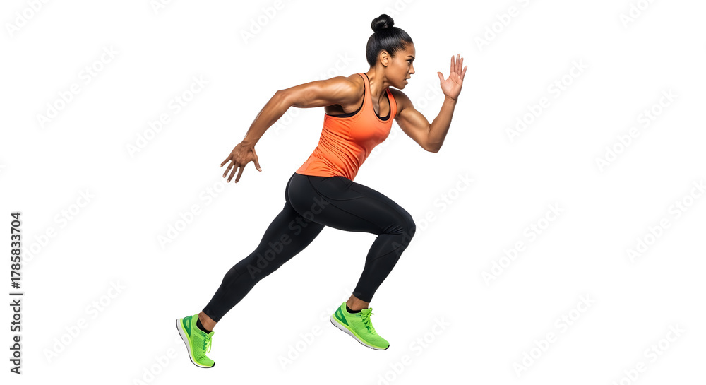 Fototapeta premium Athletic young woman sprinting in bright sportswear isolated on white background, fitness and running concept, ideal for workout and health promotion