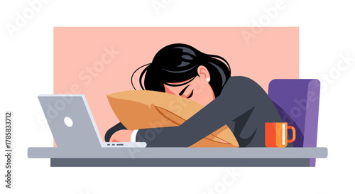 Exhausted businesswoman asleep at her desk, head resting on a pillow, with a laptop and coffee cup, illustrating burnout and fatigue.