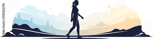 Silhouette of a woman walking across a serene landscape, symbolizing a mindful journey of progress, balance, and well-being amidst natural beauty and changing perspectives