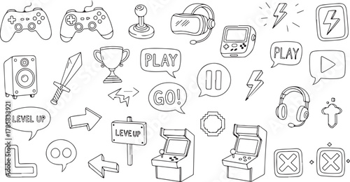 Collection of hand drawn gaming and entertainment icons featuring game controllers arcade machines and various objects in a silhouette style isolated on transparent background