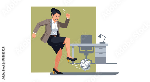 An illustration depicts a frustrated businesswoman kicking a crumpled paper ball, symbolizing workplace stress and anger in an office setting.