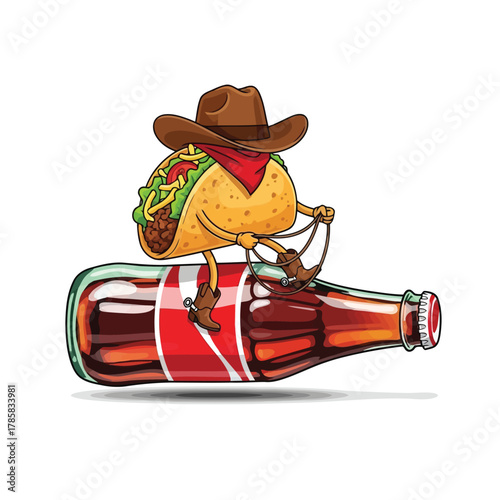 A humorous illustration of a taco wearing a cowboy hat and boots, riding a soda bottle, a fun and quirky food concept
