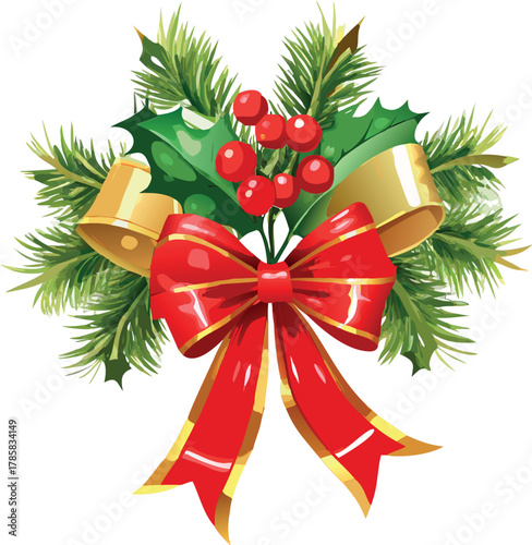 Festive Christmas Decoration with Red Bow, Golden Bells, Holly, and Pine Branches