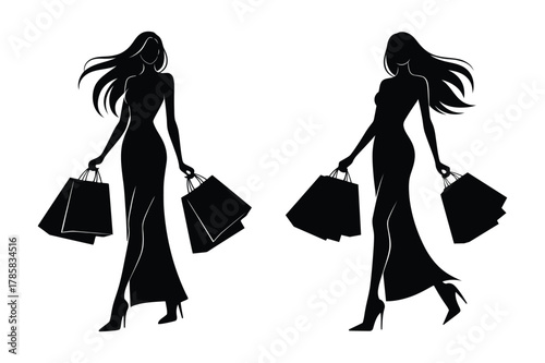 elegant fashion woman shopping silhouette with bags vector