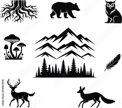 Black silhouette forest animals mountains trees mushrooms roots feather