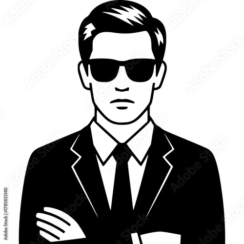 Man in Silhouette: A stern, suited figure, exuding an aura of mystery and authority, gazes forward with an enigmatic expression, wearing sleek sunglasses, embodying confidence and a sense of unknown.