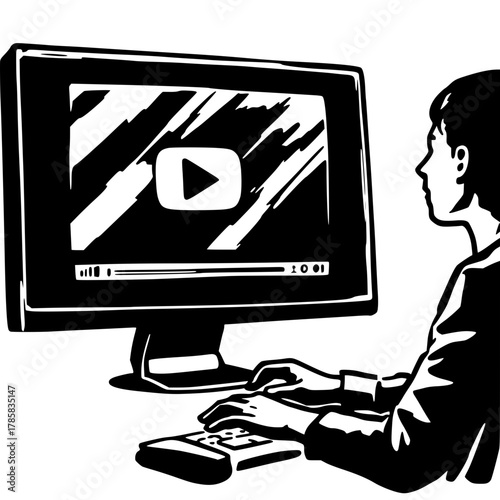 Man Watching Video Online: A person engrossed in watching an online video, seated before a modern computer monitor with a visible play button, keyboard and the interface. 