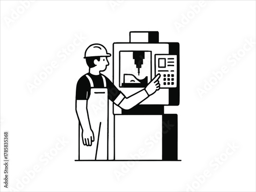 Worker operating CNC machine in minimal flat design