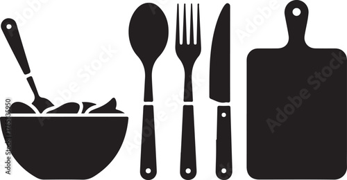 Salad Preparation Tools Silhouette with Bowl Spoon Fork Knife and Chopping Board