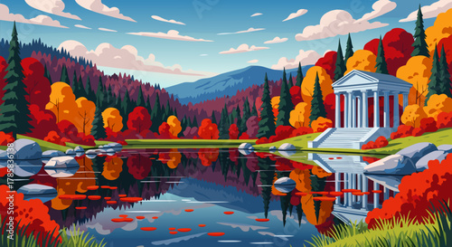 Serene autumn landscape with a classical building reflected in a calm lake surrounded by vibrant fall foliage