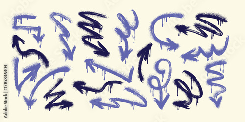 Spray Grunge Arrows. Hand-drawn set of doodle arrow icons. Freehand curved lines and pointers. Scribbled arrows for infographics. Freehand sketches of thin, spring arrows with loops and abstract