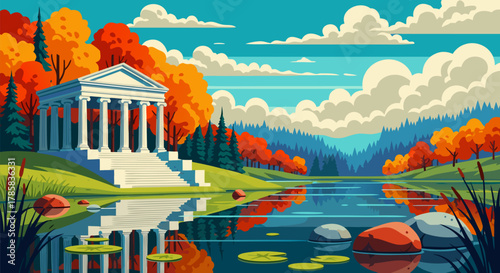 A serene autumn landscape featuring a majestic classical temple with columns reflecting in the calm waters of a tranquil lake