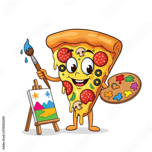 A cartoon pizza slice with eyes and limbs is painting a landscape on an easel, holding a palette with paints