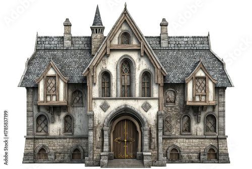 Gothic revival mansion with spires and arches
