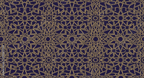 Geometric islamic pattern design background with golden lines and dark blue color for textile art